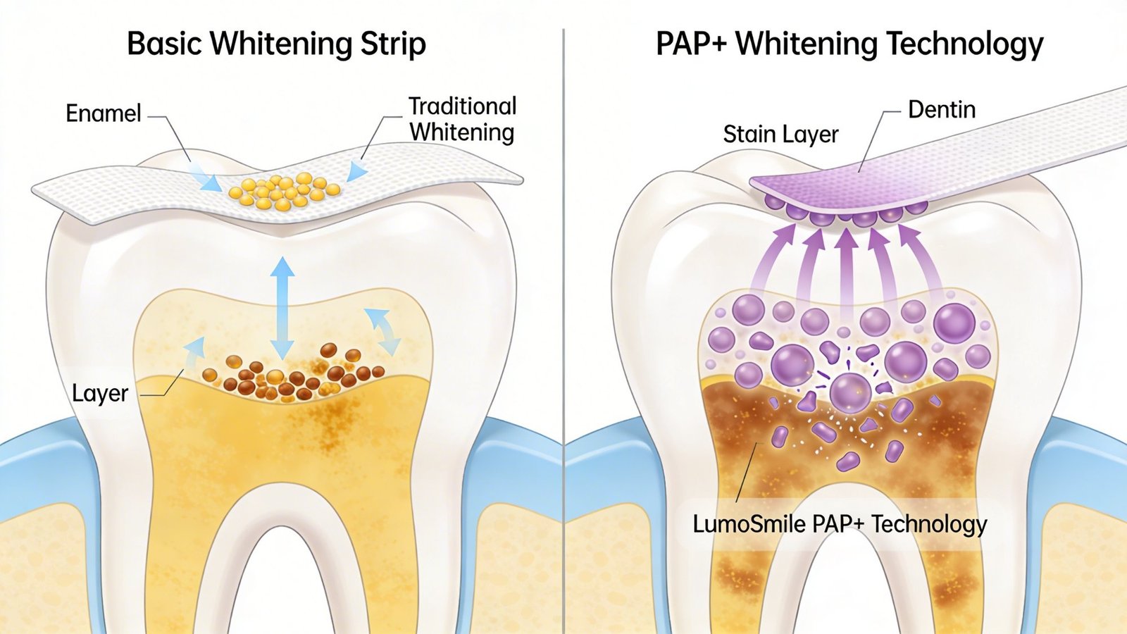 Basic Whitening Strip vs PAP+ Technology — tooth cross section